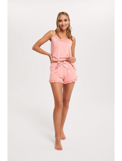Dámský pyžamový styl, úzká ramínka, krátké kalhoty - pudrově růžová