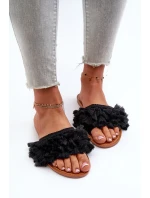 Dámské ploché pantofle s třásněmi, černá Rialle