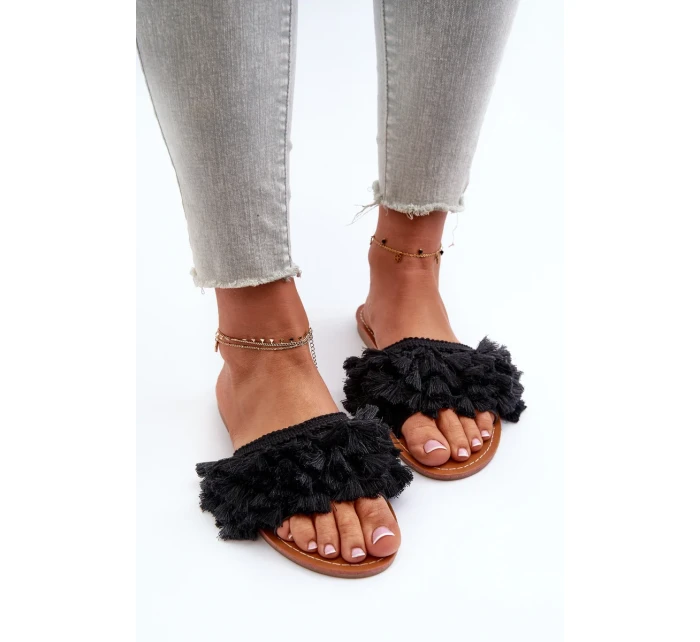 Dámské ploché pantofle s třásněmi, černá Rialle