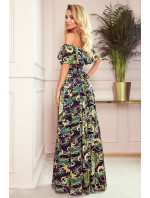 Dlouhé dámské šaty se výstřihem a vzorem zelených listů a   model 18055831 - numoco