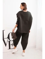 Dámský komplet teplákový z silnějšího materiálu se širokými nohavicemi khaki Dámský komplet teplákový z silnějšího materiálu se širokými nohavicemi khaki