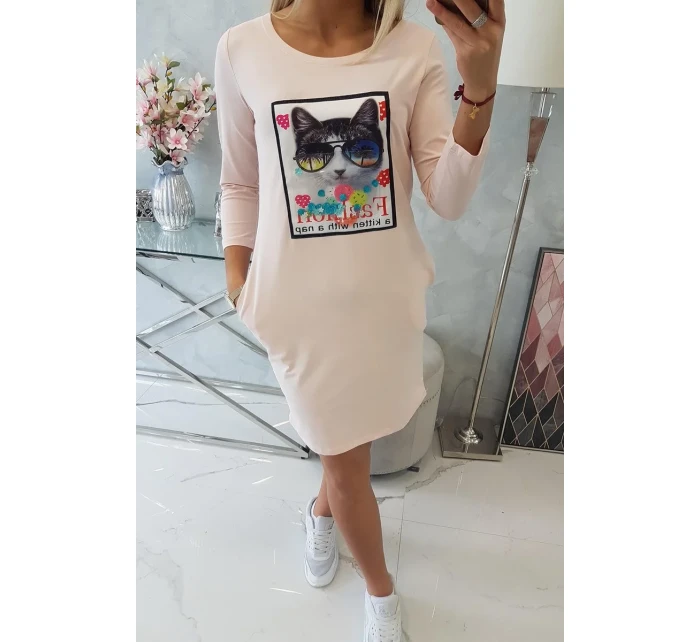 3D kočičí grafické šaty pudrově růžové