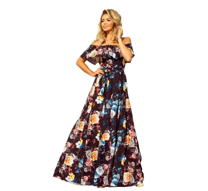 Dlouhé dámské černé šaty s barevnými květy a španělským výstřihem model 7118058
