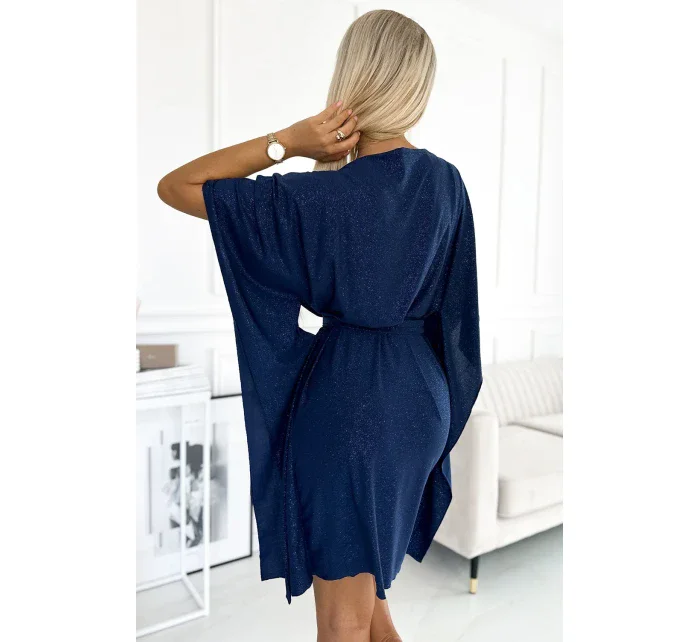 SOFIA Tmavě modré dámské šaty s brokátem a se zavazováním v pase model 18981284 - numoco