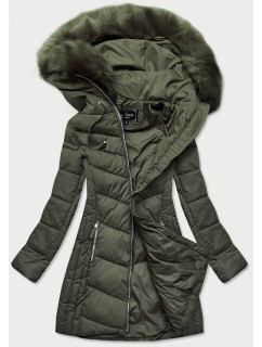 Dlouhá dámská prošívaná zimní bunda v khaki barvě (7689)
