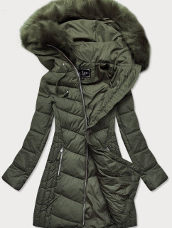 Dlouhá dámská prošívaná zimní bunda v khaki barvě (7689)