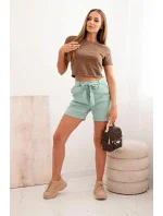 Dámské šortky s mašlí a volánky tmavě mátová