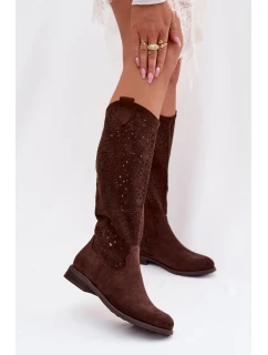 Dámské síťované kozačky na nízkém podpatku model 21998041 Čokoládové - S.Barski