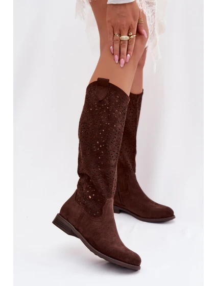 Dámské síťované kozačky na nízkém podpatku model 21998041 Čokoládové - S.Barski