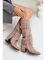 Kozačky Na Podpatku S Ohnutou Holení A Přezkami Béžové Vamissa Kozačky Na Podpatku S Ohnutou Holení A Přezkami Béžové Vamissa