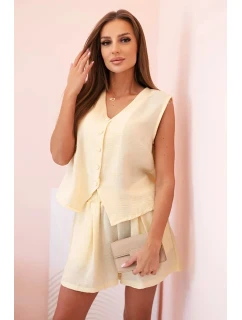 Dámská viskózová souprava – vesta na knoflíky a šortky Žlutá melanž