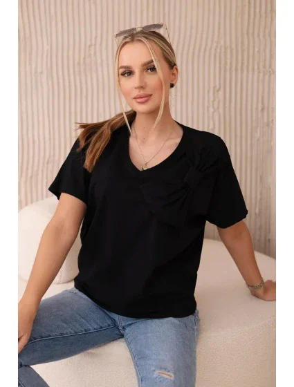 Bavlněná halenka s ozdobnou mašlí černý Bavlněná halenka s ozdobnou mašlí černý