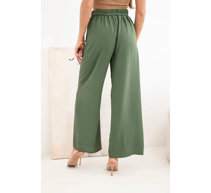 Kalhoty se širokým pasem a zavazováním v pase khaki Kalhoty se širokým pasem a zavazováním v pase khaki