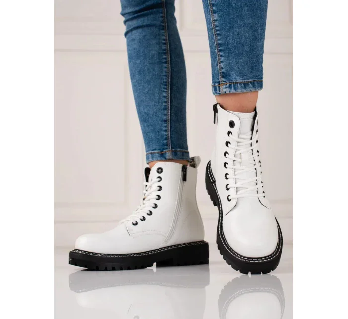 Dámské kotníčkové boty na plochém podpatku KK274539 Bílá s černou - BIG STAR