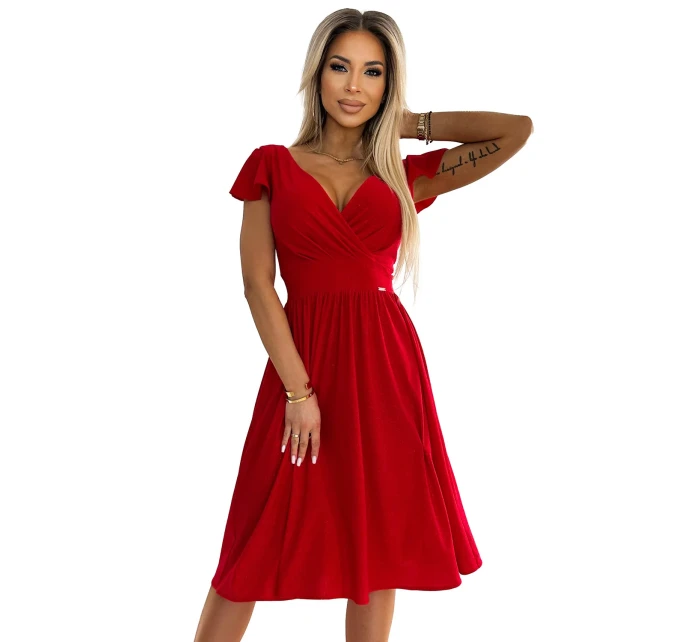 Červené dámské šaty s výstřihem a krátkými rukávy model 19735866 - numoco