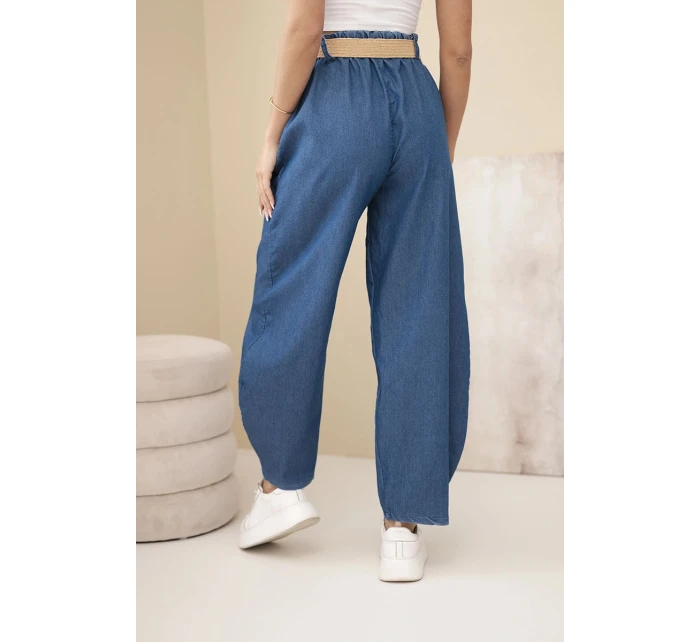 Dámské kalhoty se širokou nohavicí a páskem tmavě džínové Dámské kalhoty se širokou nohavicí a páskem tmavě džínové