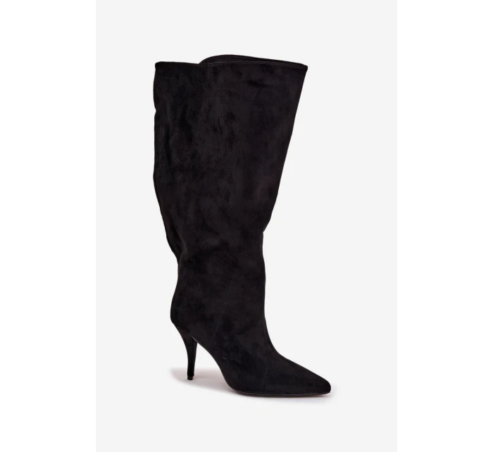 Vklouzávací dámské kozačky na podpatku z eko semiše černé Noretta