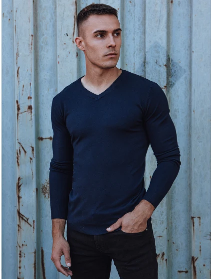 Pánský hladký tmavě modrý svetr s výstřihem FashionStreet WX2220