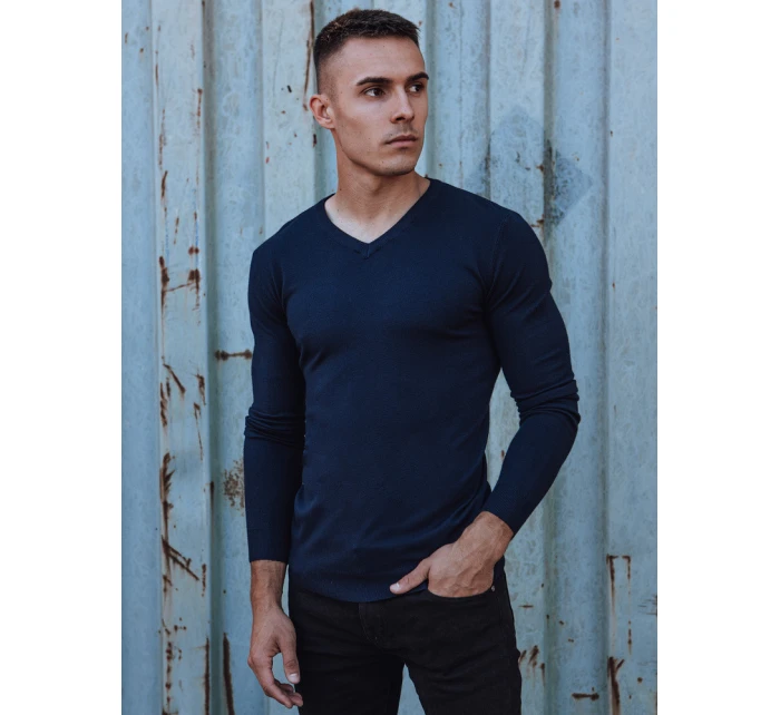 Pánský hladký tmavě modrý svetr s výstřihem FashionStreet WX2220