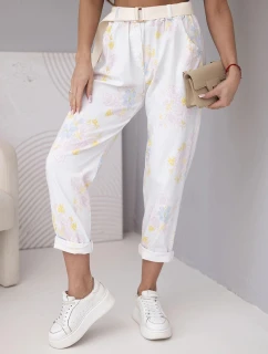Dámské viskózové kalhoty s květinami a páskem bílé