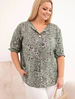 Dámská bavlněná halenka Plus Size s krátkým rukávem a ozdobným knoflíkem khaki