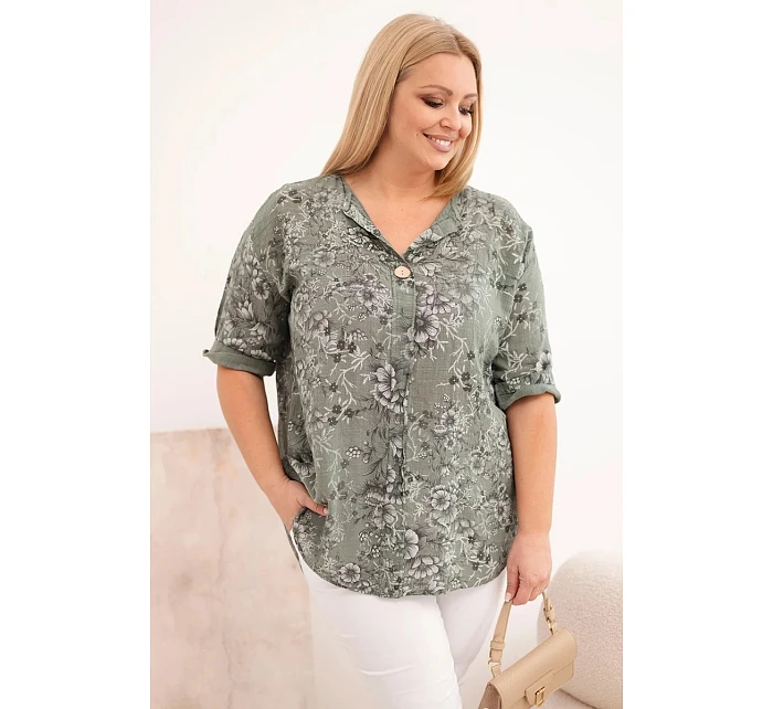 Dámská bavlněná halenka Plus Size s krátkým rukávem a ozdobným knoflíkem khaki