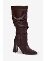 Zateplené dámské kozačky na podpatku s mašlí v hnědé barvě model 21709208 - Boto