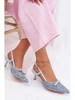 Dámské krajkové sandály na podpatku s mašlí Modré model 22107296 - Boto