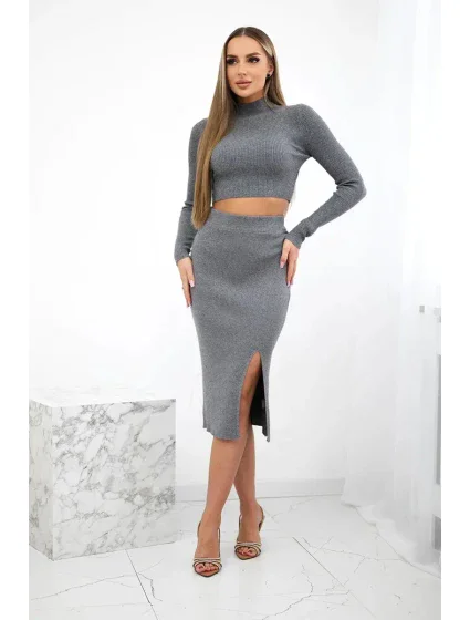 Žebrovaný komplet halenka + sukně šedý Žebrovaný komplet halenka + sukně šedý