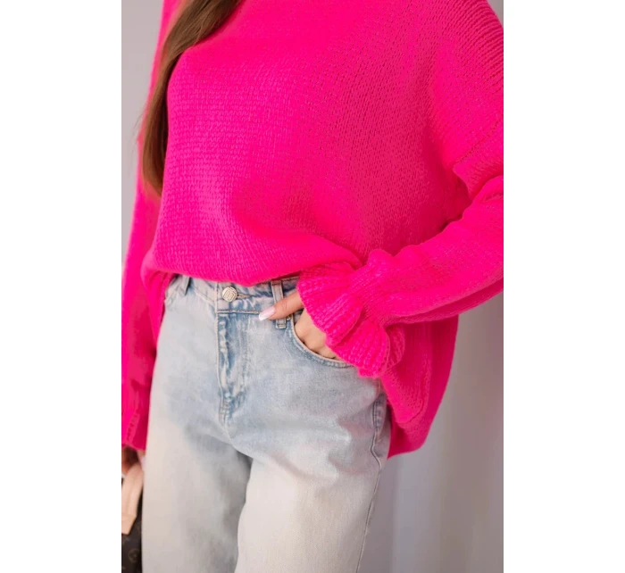 Dámský svetr s příměsí mohéru a vlny volného střihu neonově růžový