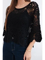 Dámský bavlněný prolamovaný svetr s krátkým rukávem a ozdobným vzorem černý