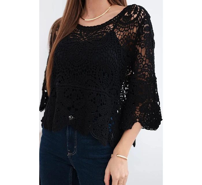 Dámský bavlněný prolamovaný svetr s krátkým rukávem a ozdobným vzorem černý