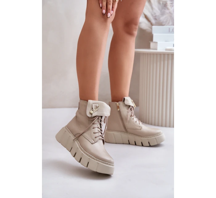 model 21673696 Kožené Boty Dámské Na Platformě Zateplené Béžové - Zazoo