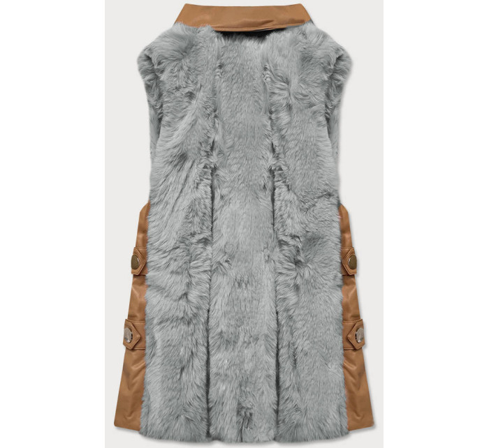 Elegantní vesta v karamelovo-šedé barvě z eko kůže a kožešiny (BR9592-9022)