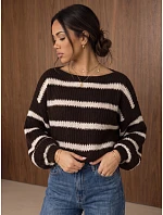 Dámský oversize svetr s pruhy a nastavitelným pasem, hnědý, FashionStreet MY2613