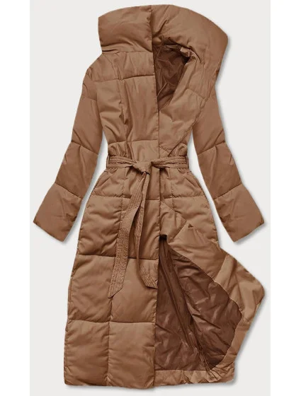 Tmavě béžový dámský zimní kabát s páskem model 21246821 - LHD Tmavě béžový dámský zimní kabát s páskem model 21246821 - LHD