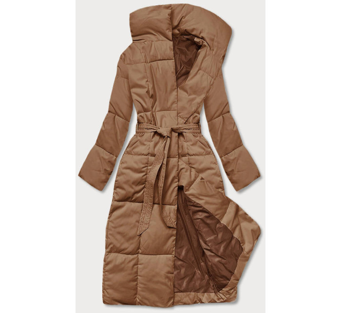 Tmavě béžový dámský zimní kabát s páskem model 18998295 - LHD