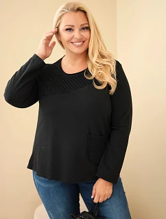 Dámská bavlněná mikina Plus Size s průsvitnou vsadkou a kapsou černá