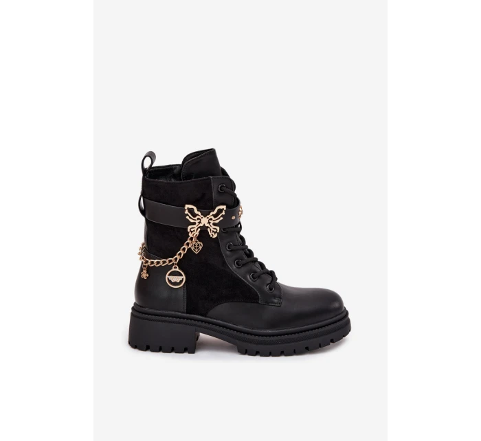Dámské Pracovní Boty Zateplené Se Zlatým Řetězem A Přívěsky Černé Vessara