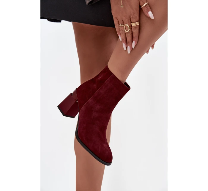Dámské kotníkové boty z přírodní semišové kůže na podpatku vyhřívané model 21713790 bordó - D&A