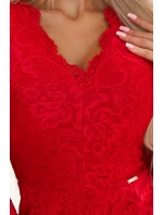 Červené dámské krajkové šaty s dlouhými rukávy a výstřihem model 20725283 - numoco