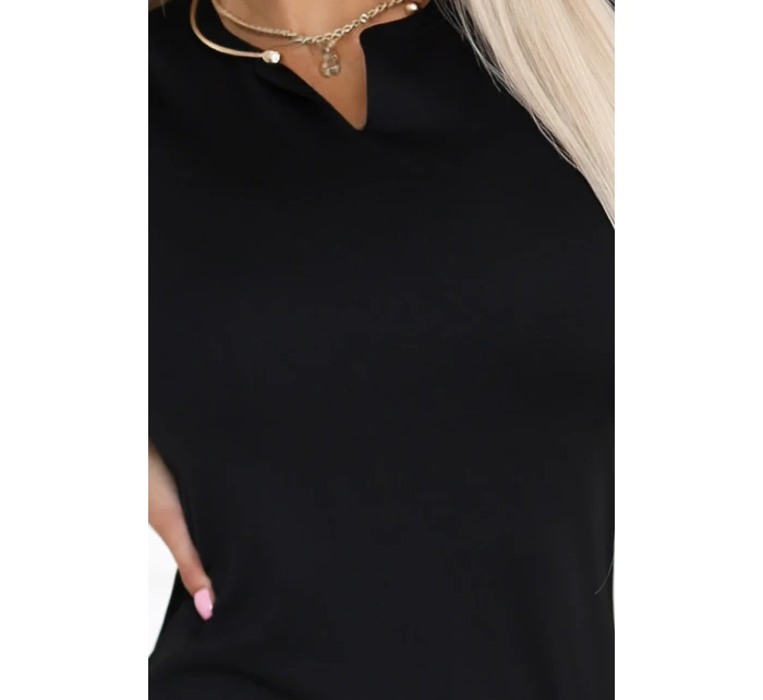 model 21188871 Smyslné tužkové šaty s krátkými rukávy a ozdobným výstřihem ČERNÁ - numoco