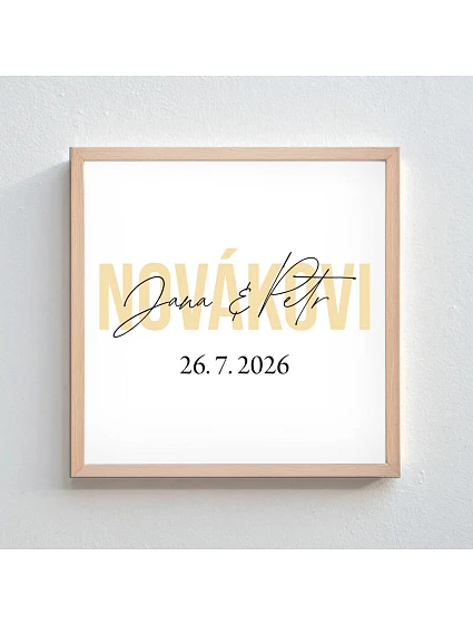 Personalizovaný magický fotoobraz v rámu - čtverec 20x20 - jména novomanželů Personalizovaný magický fotoobraz v rámu - čtverec 20x20 - jména novomanželů