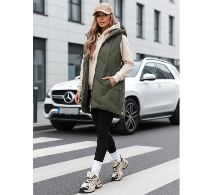 Dámská dlouhá prošívaná vesta s kapucí zelená FashionStreet TY5106 Dámská dlouhá prošívaná vesta s kapucí zelená FashionStreet TY5106