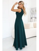 648-1 Módní maxi šaty s rozparkem na nohavicích - lahvově zelené