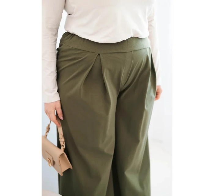 Dámské kalhoty Plus Size s širokými nohavicemi a plisováním khaki