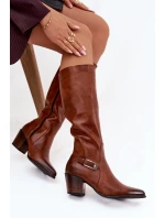 Kožené Kozačky Na Podpatku S Přezkou Zateplené model 21772427 Hnědé - Zazoo Kožené Kozačky Na Podpatku S Přezkou Zateplené model 21772427 Hnědé - Zazoo