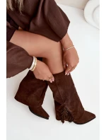 Dámské nazouvací kovbojky Zalia na sloupkovém podpatku s třásněmi – hnědé