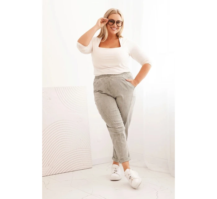 Dámské kalhoty Plus Size s viskózou a širokou gumou khaki model 21266128 - K-Fashion