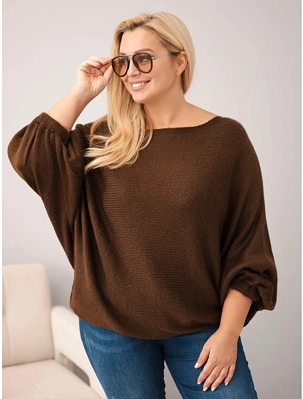 Dámský svetr Plus Size s příměsí vlny volného střihu hnědý Dámský svetr Plus Size s příměsí vlny volného střihu hnědý